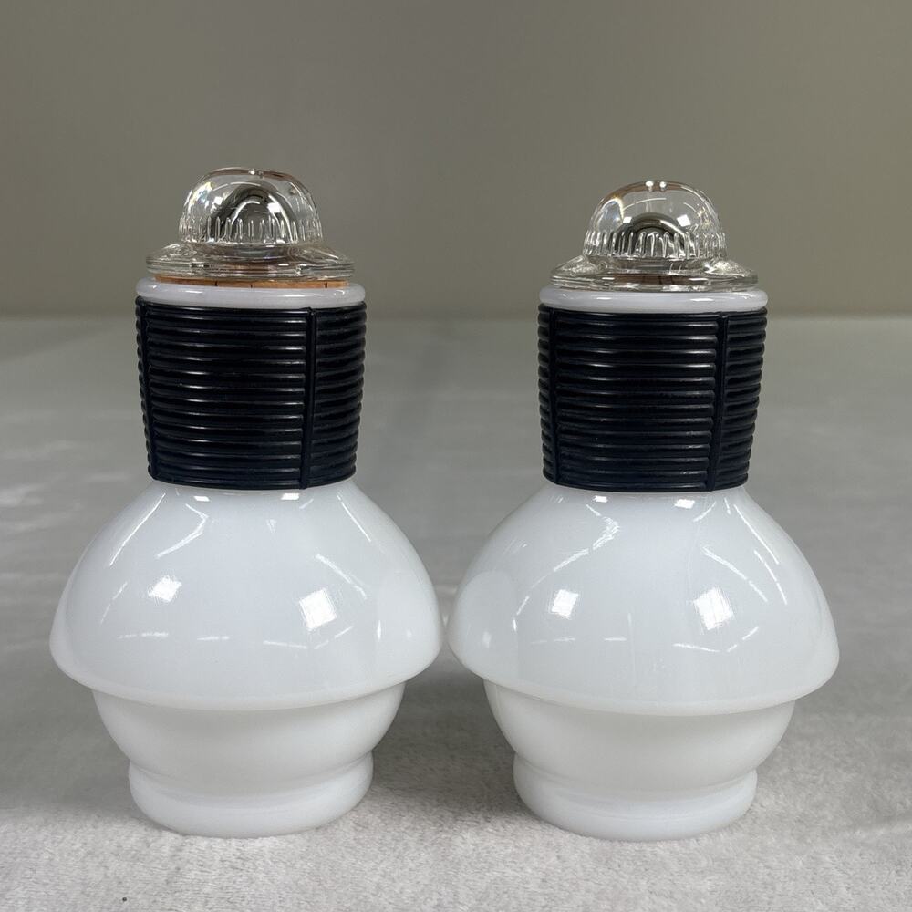 2) Vintage Mckee Hottle Glasbake Glass Coffee Carafe with Top Milk Glass & Black